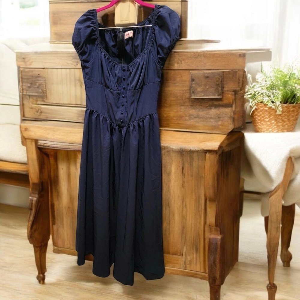 Blue Midi Sundress with Puff Cap Sleeves and Square Neck